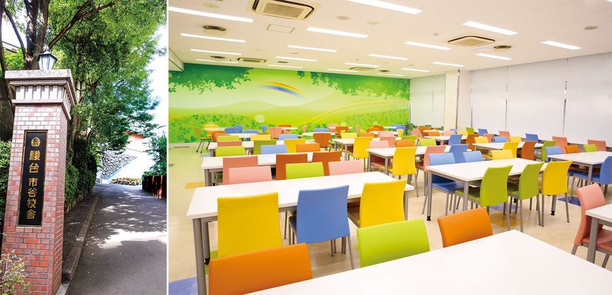 左は市谷校舎の「登竜門」。右は同校舎のフロンティアホール。ほかにも自習室など、仲間と切磋琢磨しながら勉強に集中できる環境を完備。