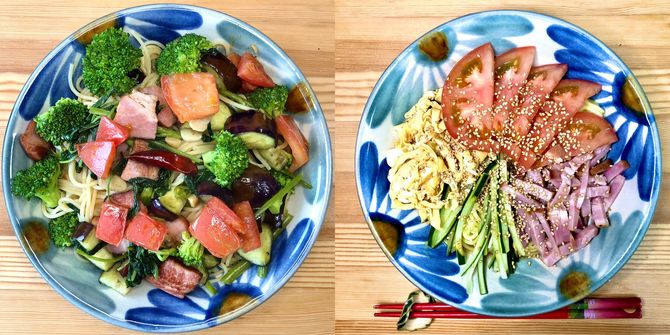 （左）イタリアのマンマが家にあるものだけで作ったことが語源になった、パスタ「アーマリ・モーノ」です。（右）沖縄の暑い暑い夏にはぴったりの冷やし中華です。お皿も見た目に涼しげなものを選びました。