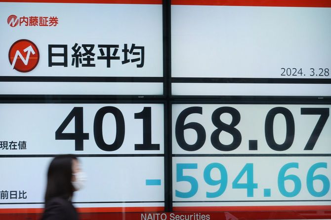 日経平均株価の終値を示すモニター、40168.07円