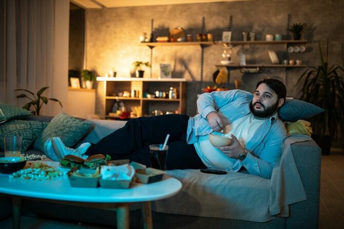 ソファに寝転んでお菓子を食べながらテレビを見る男性