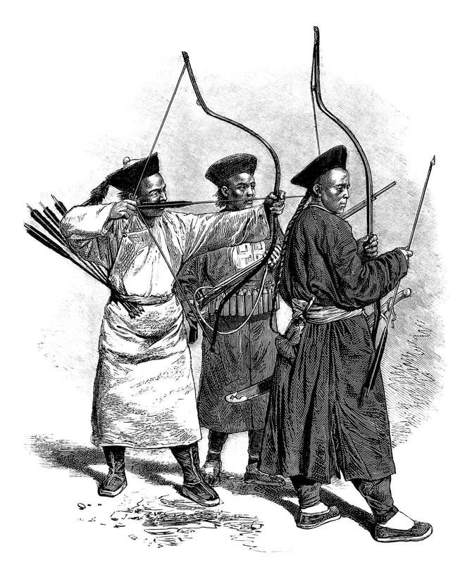 中国の3人の射手を描いた1870年の鉄版画