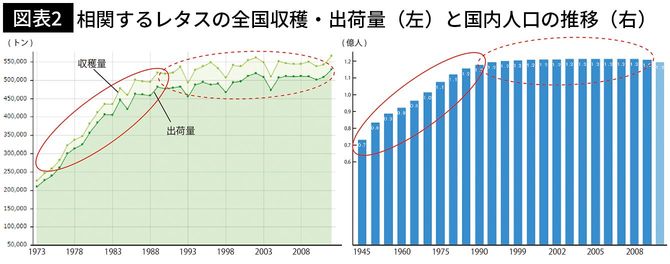 相関するレタスの全国収穫・出荷量(左)と国内人口の推移(右)の図表 出所=農林水産省「農林水産統計年報」/国立社会保障・人口問題研究所「H18 日本の将来推計人口」