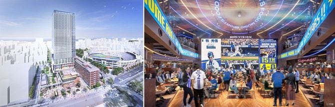 （写真左）BASEGATE横浜関内と横浜スタジアムの全景 （写真右）ライブビューイングアリーナ「THE LIVE Supported by 大和地所」の完成イメージ