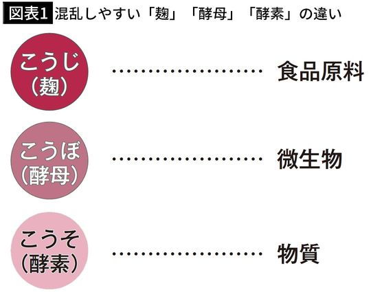 【図表1】混乱しやすい「麹」「酵母」「酵素」の違い