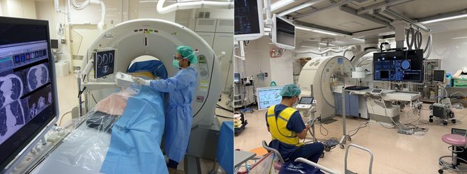 写真左＝通常の手技による針刺し（写真提供＝岡山大学医学部放射線科）・写真右＝治療用ロボットの遠隔操作（撮影＝春川正明）