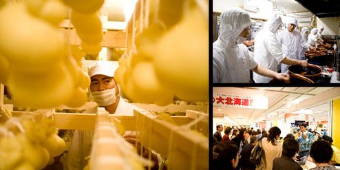 棚にぶら下げて熟成させるチーズ「カチョカヴァロ」。牧場の主力商品だけに品質管理には厳しく目を光らす。手づくりチーズは難しく、品質を安定させるのに苦労した（左）。人気商品「生キャラメル」を社員に指導。手づくりにこだわる（右上）。デパートの催事場で行われる物産展では、自ら店頭に立ち、商品をアピールする。芸能人の強みを遺憾なく発揮する（右下）。取材協力／玉川高島屋S・C