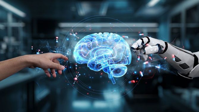 宙に浮かぶ脳に手を伸ばすロボットと人間