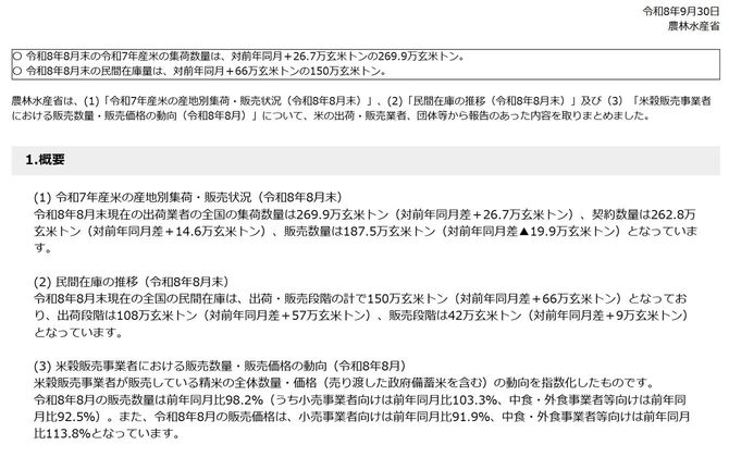 令和8年6月の米穀流通の動向(集荷、販売、民間在庫)