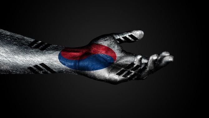 韓国国旗が描かれた、助けを求める手