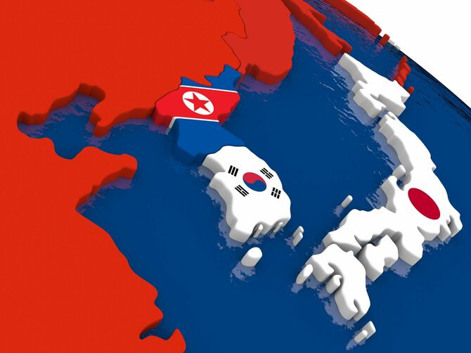 旗付き3Dマップ上の韓国と北朝鮮と日本