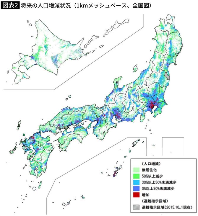 【図表】将来の人口増減状況(1kmメッシュベース、全国図)
