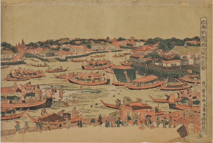 当時の深川の様子。大小さまざまな舟が浮かんでいる。「<ruby>浮繪江戸深川新大橋中須之圖<rt>うきええどふかがわしんおおはしなかずのず</rt></ruby>）」（歌川豊春筆・18世紀）（出典＝<a href="https://colbase.nich.go.jp/collection_items/tnm/A-10569-2278?locale=ja" target="_blank">Colbase</a>）