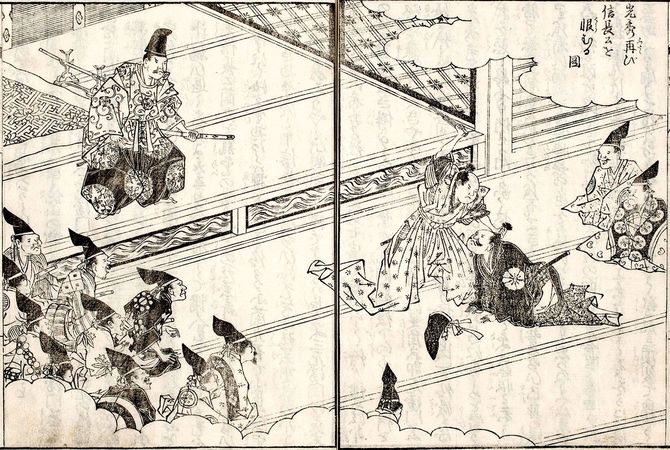 『絵本太閤記』所収、鉄扇で光秀を叩く森蘭丸。左はそれを見ている信長