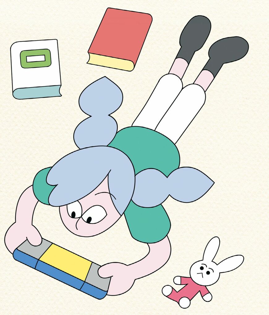 床に寝そべり、ゲームをする子供のイラスト