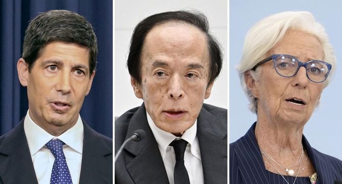 (左から)FRBのウォーシュ議長、日銀の植田総裁、欧州中銀のラガルド総裁