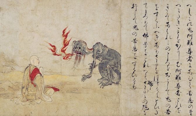 施餓草子には、餓鬼と対峙する阿難尊者が描かれている