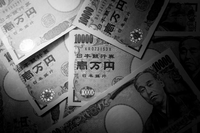 日本の1万円札のB&Wがランダムに配置