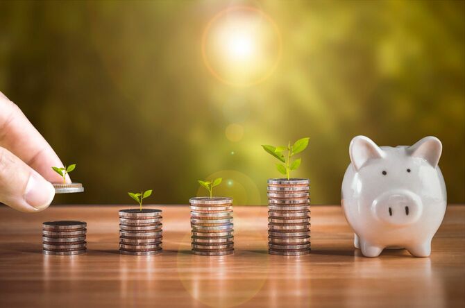 積まれる硬貨と木の芽、豚の貯金箱