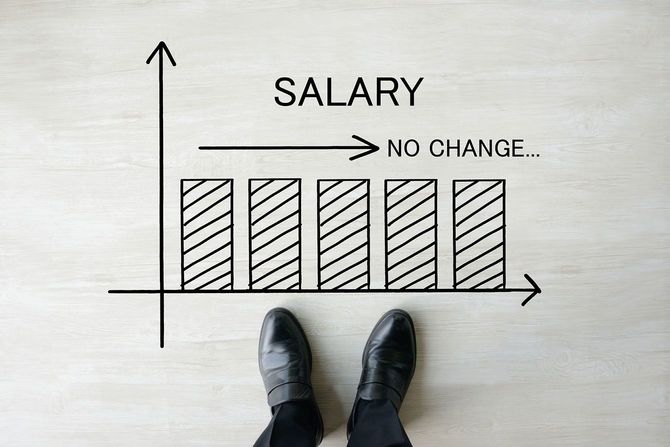 ビジネスマンの足と横ばいの給与グラフ