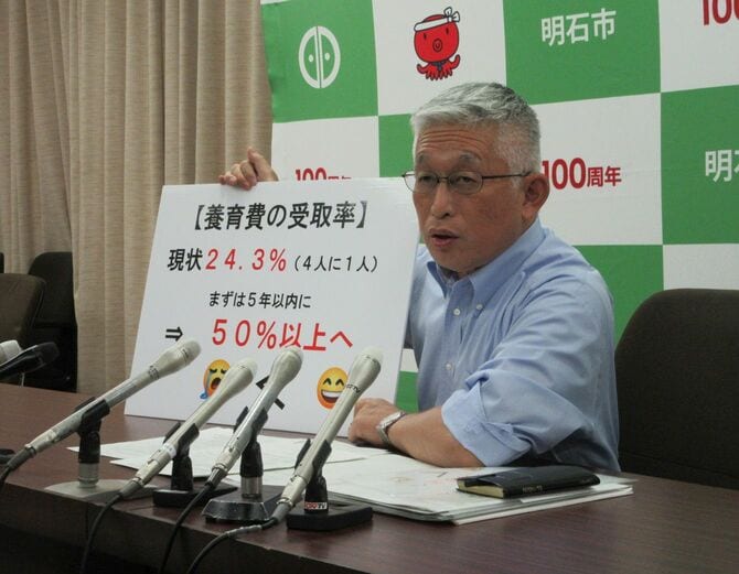 記者会見する兵庫県明石市の泉房穂市長=2019年9月25日、同市役所