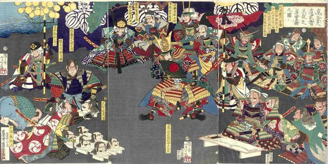 『真柴久吉武智主従之首実検之図』は、秀吉の名を「真柴久吉」、光秀の名を「武智」に変えて首実検の様子を描いている。