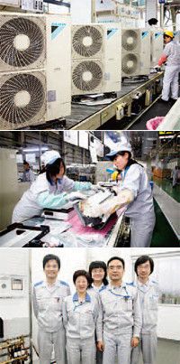 上海郊外にある工場では、マルチエアコン（写真上、室外機）から小型のルームエアコン（写真中）までさまざまな機器が組み立てられる。下は暖房の開発メンバー。中国発の商品を世界で展開するのが夢。