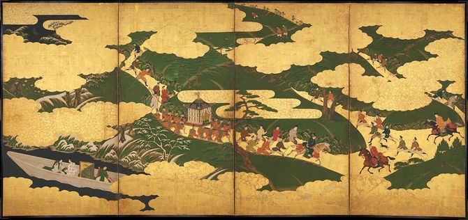 源氏物語図屏風「御幸」・「浮船」・「関谷」（写真＝CC-Zero／Wikimedia Commons）