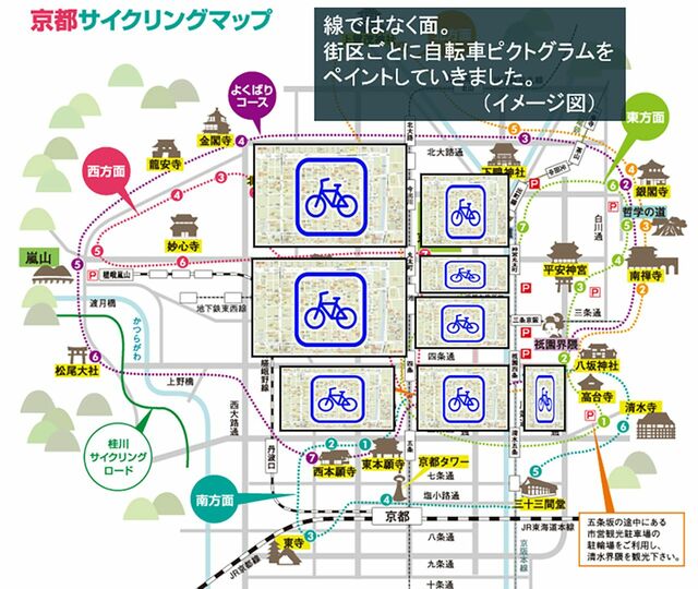 京都市の「自転車ピクトグラムエリア」のイメージ