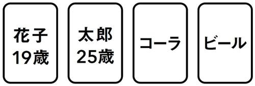 【図2】「花子19歳」「太郎25歳」「コーラ」「ビール」が書かれた4枚のカード
