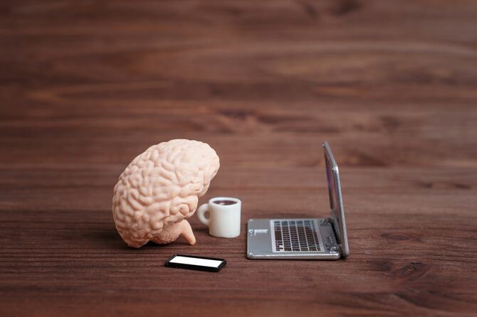 ラップトップで作業する人間の脳の置物