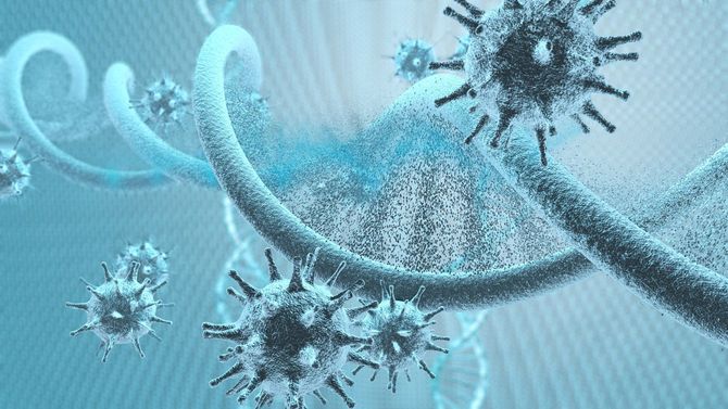 DNA鎖を攻撃するウイルス細胞のイメージ