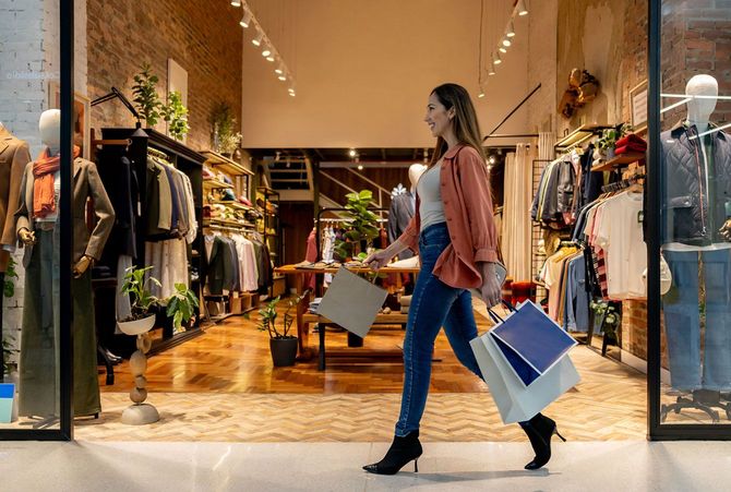 ショッピングバッグを持ってアパレルショップの前を歩く女性
