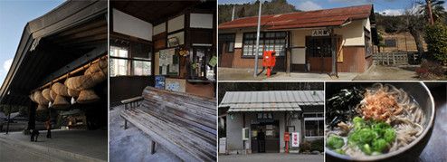 出雲大社の注連縄に思いを託す。縄には、旅人の放った賽銭が残る（左）。映画『砂の器』で「亀嵩駅」として撮影に使われた「八川駅」。現在も当時のホームがそのまま残る（右上）。実際の亀嵩駅。昔日の面影が残る構内。駅の隣の食堂では蕎麦を食すことができる（中・中下）。「割子」の他にも、蕎麦湯の中に蕎麦を入れる独特の「釜揚げ」などがあり、地元の人々と観光客で賑わっている（右下）。