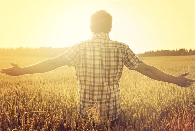 麦畑で両手を伸ばして立っている人