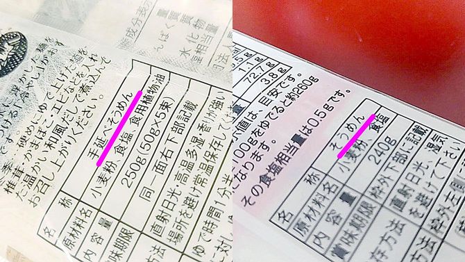 そうめんのパッケージ裏面の食品表示
