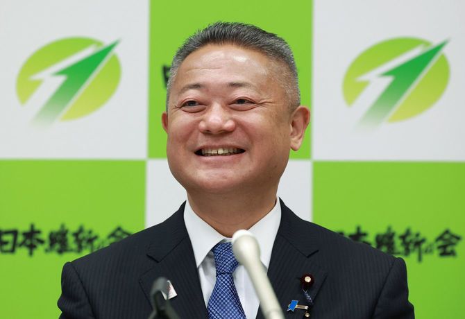 記者会見する日本維新の会の馬場伸幸代表＝2023年4月24日午後、東京・永田町の衆院議員会館