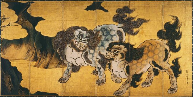 狩野永徳画「唐獅子図屏風」（皇居三の丸尚蔵館蔵）