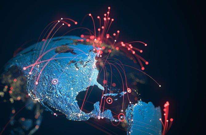 北米と南米、赤い接続線