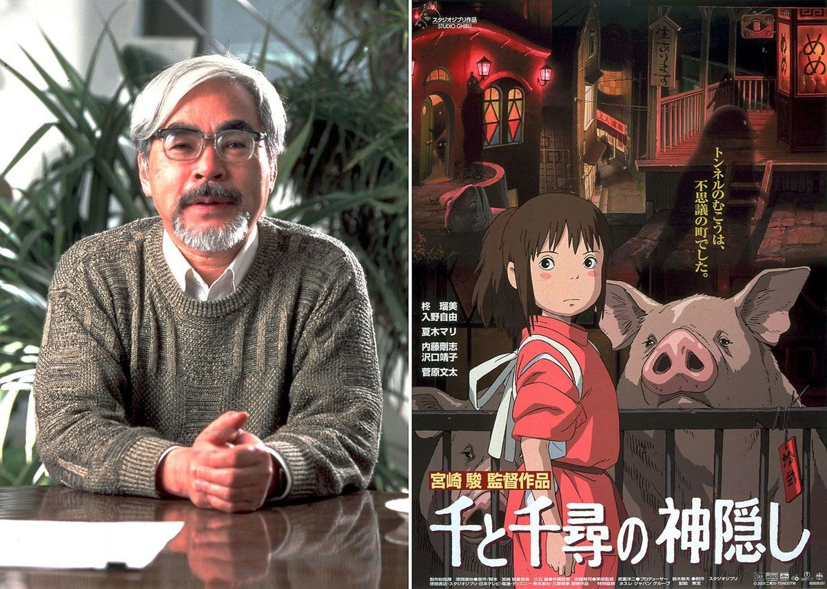 2001年6月10日、日本のアニメーション映画監督、宮崎駿の写真（左）と、同年7月公開の最新作『千と千尋の神隠し』のポスター。
