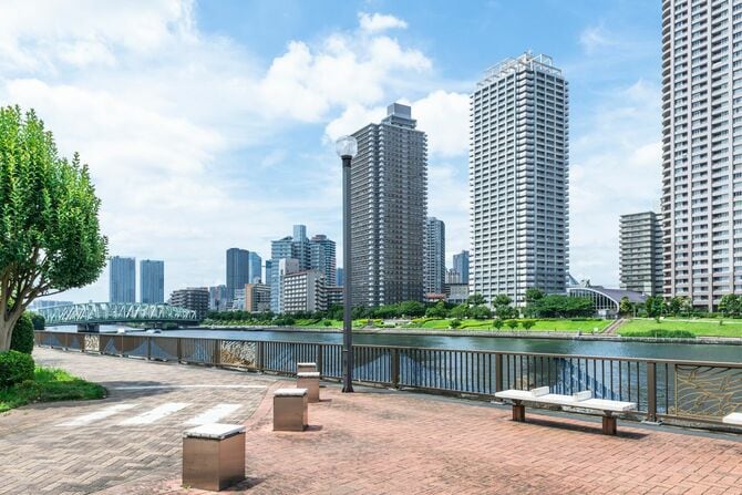 運河沿いの越中島公園とタワーマンション