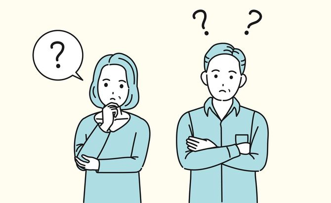 それぞれに疑問があるカップルのイラスト
