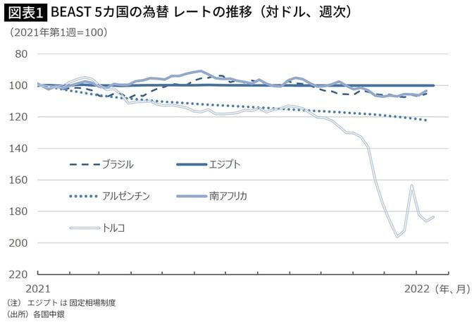 BEAST5カ国の為替レートの推移(対ドル、週次)
