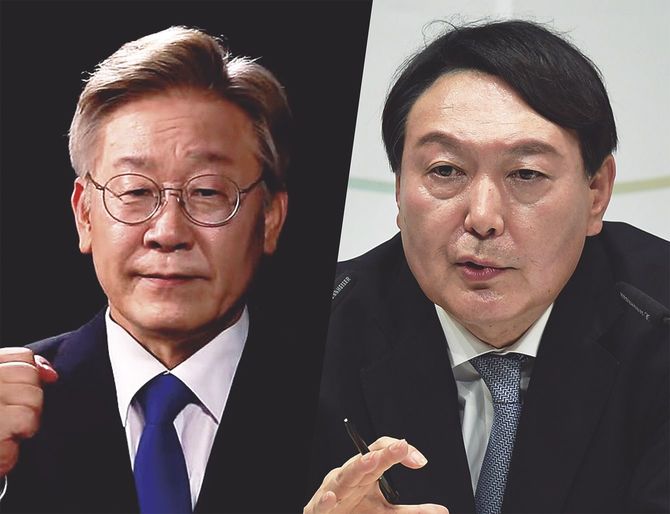 韓国大統領選挙で有力候補者の李在明(左)と尹錫悦。