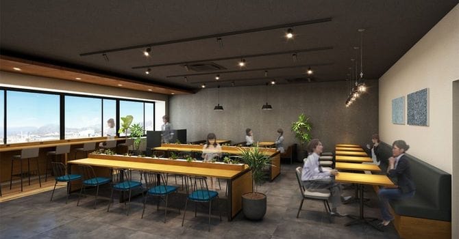 休憩室には広島県産カキ殻を再利用した内装材など、環境配慮素材を積極的に使用。