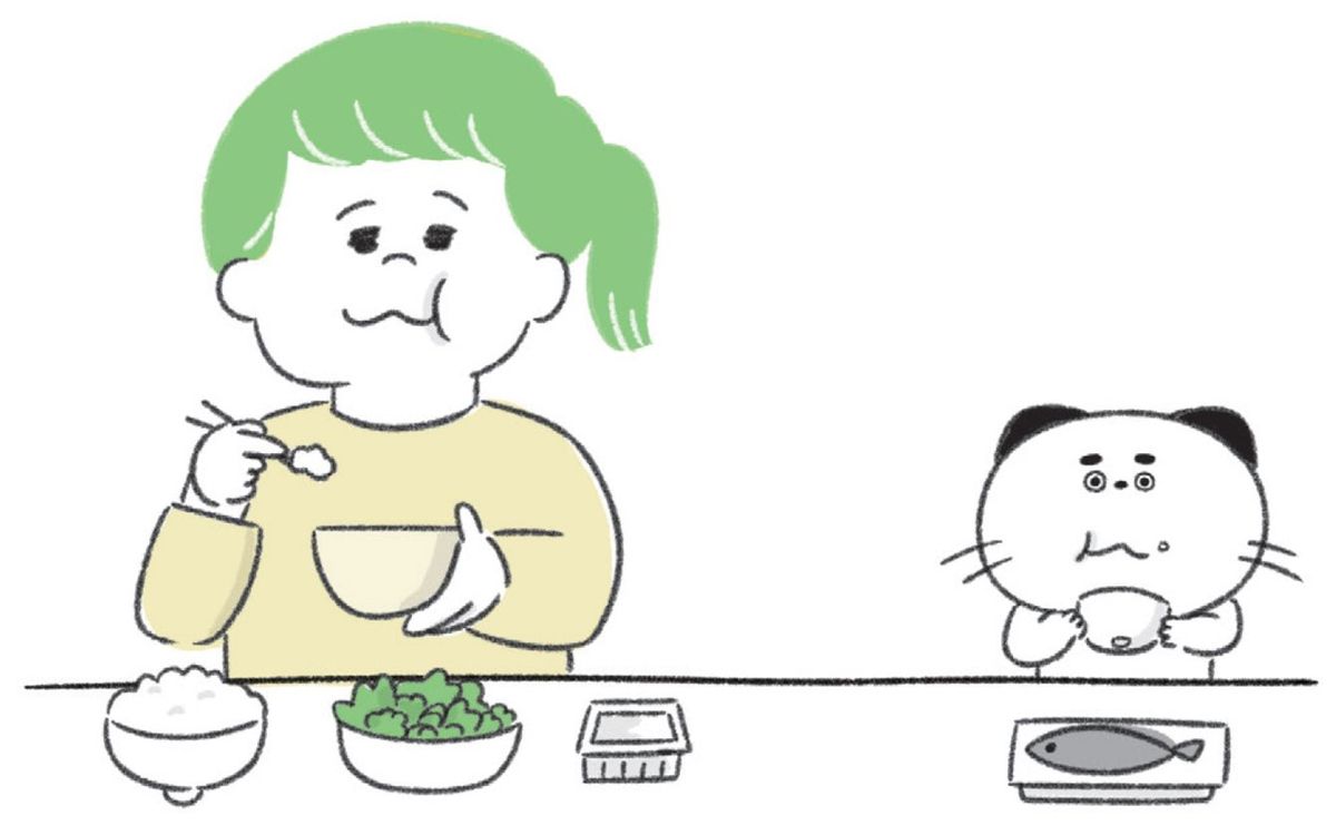 ゆっくりとよく噛んでご飯を食べる人と猫のイラスト