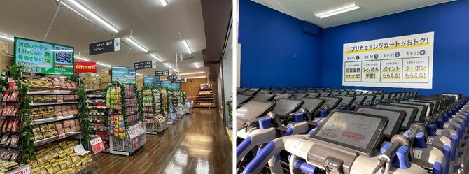 タブレット端末とスキャナーが搭載されたレジカート。デジタルサイネージの内容は時々で変化する。