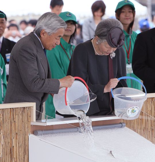 稚魚を放流される両陛下
