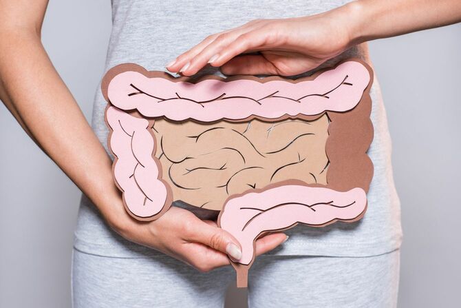 腸の絵を描いた紙を腹部に当てる人