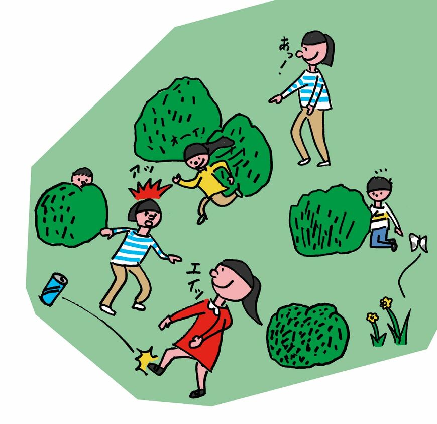 缶蹴りをして遊ぶ子供たちのイラスト