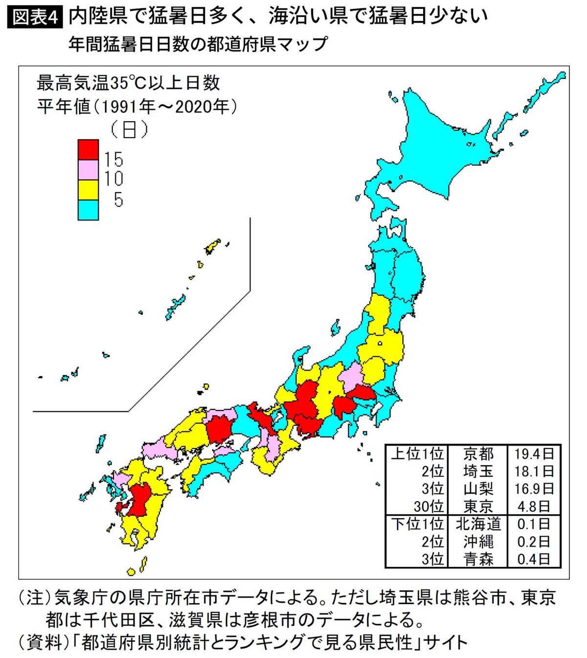 年間猛暑日日数の都道府県マップ